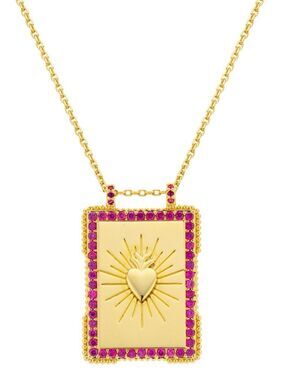 Gold Sacred Heart Rectangle Pendant Necklace with Pink Gem Border